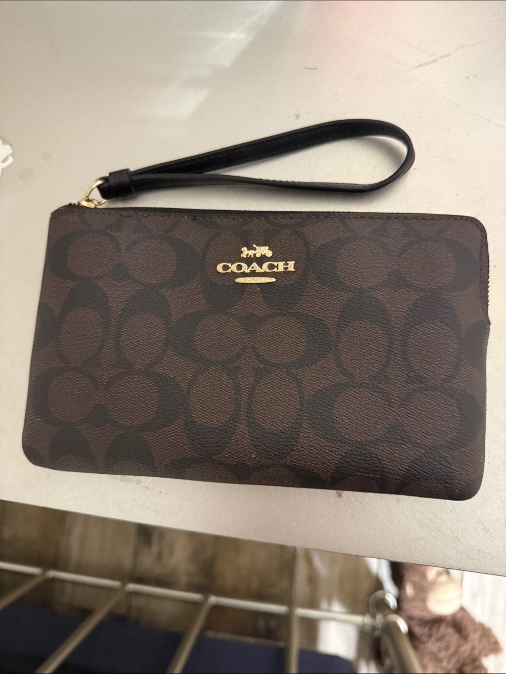 Coach Brown/Black Signature Canvas Wristlet with Gold Logo